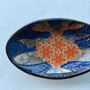 Handmade Carved Blue and Orange Multi Pattern Pottery Bowl